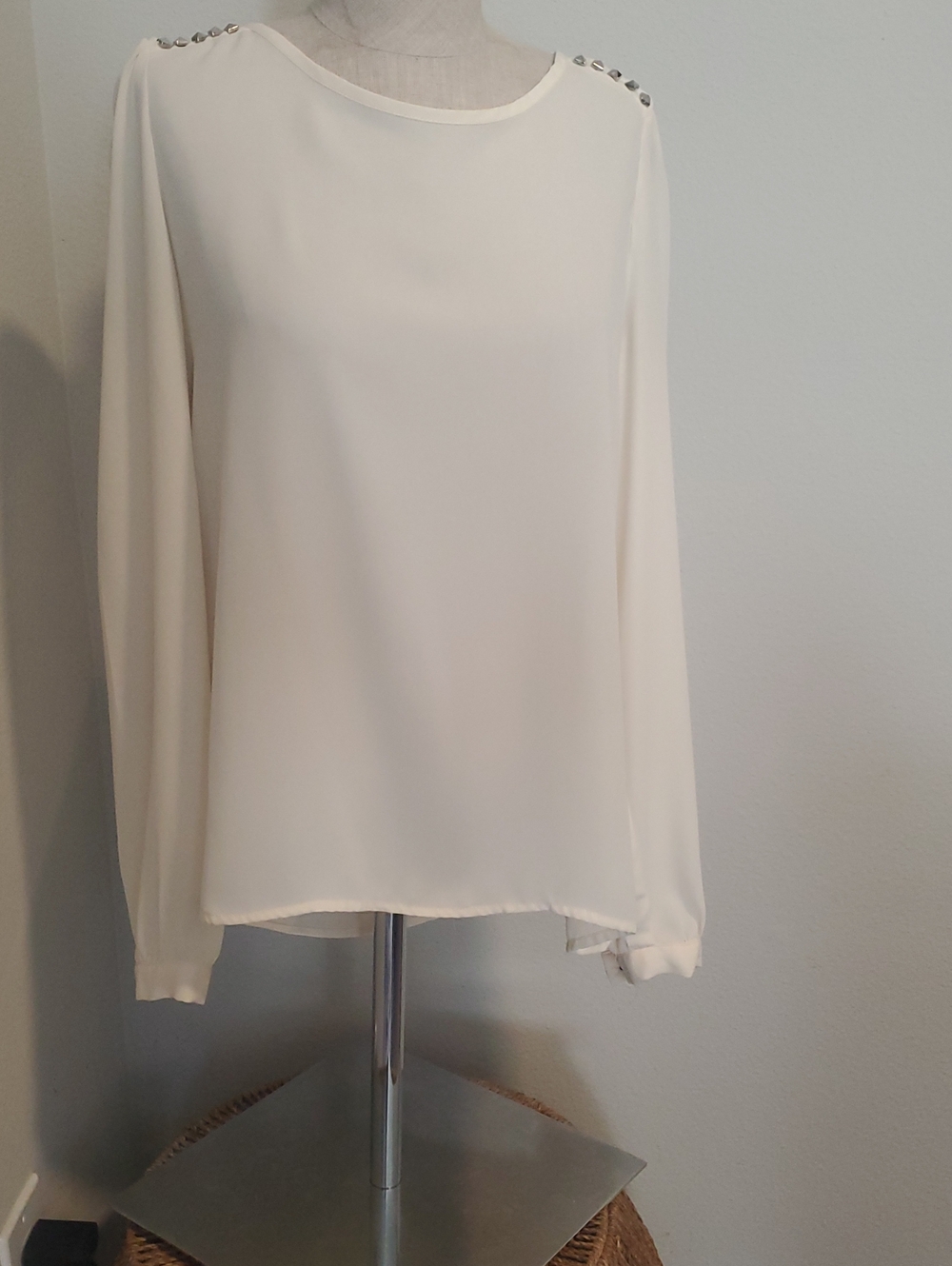 Forever 21 Ivory Long-Sleeve Blouse with Shoulder Studs